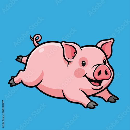 Cartoon pig running happy animal.