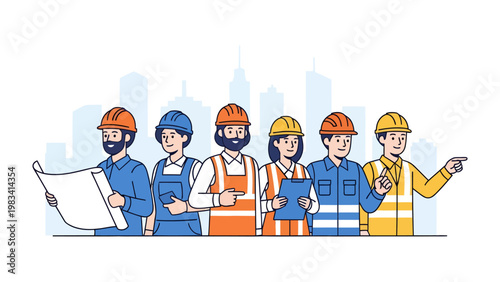 Construction Crew's blueprint : A united construction crew stands together, working toward a shared vision, each person displaying determination and expertise, ready to shape the city's future