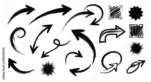 Hand drawn arrows, black sketch arrows, directional icons, vector graphics