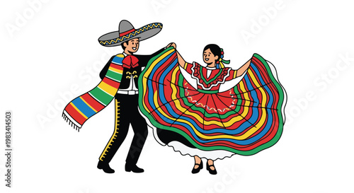 Traditional Mexican dancers wearing colorful costumes performing a lively dance in cultural celebration