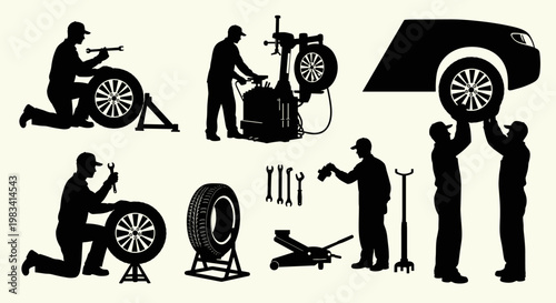 Silhouette of people repairing car tire.