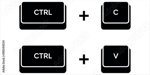 Minimalist close-up of keyboard keys showing Ctrl+C and Ctrl+V shortcuts for copy and paste functions, ideal for tech tutorials, productivity guides, and business presentations.