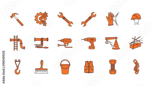 Construction Tools Collection: A visual array of essential construction tools meticulously arranged, each element ready for a project. Each item exudes strength, precision.