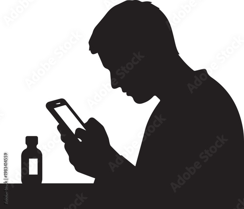 Silhouette of man using smartphone with medicine bottle on table, focused on screen.
