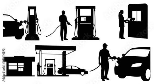 Silhouette of people refueling vehicles.