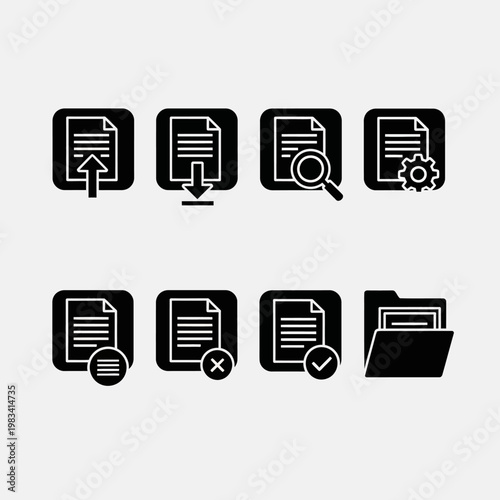 Document Icons Set: Upload, Download, Search, Settings, List, Delete, Check, Folder