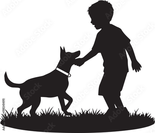 Young boy playing with dog silhouette outdoors on grass meadow during sunny day showing friendship between child and pet animal.