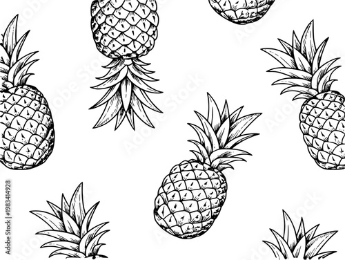 Hand drawn pineapple pattern white background, tropical fruit food