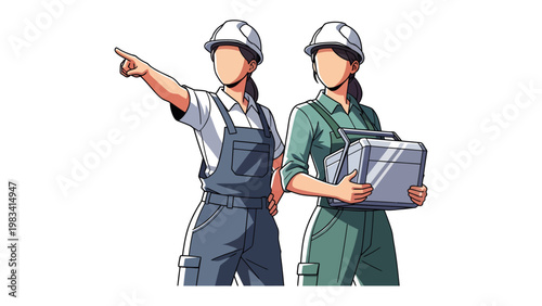 Team of Female Architects: Two women, dressed in professional attire, stand together. One is pointing towards a direction. The other is carrying a toolbox.