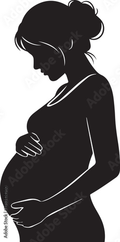 Pregnant woman silhouette holding belly in peaceful side profile view representing motherhood and pregnancy journey expectation.