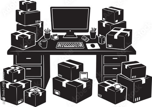 Home office workspace silhouette filled with many shipping boxes and computer monitor for online business ecommerce fulfillment.