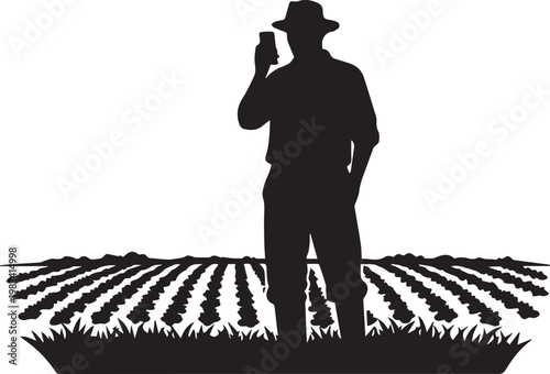 Farmer silhouette with smartphone standing in field, checking crops, modern agriculture, smart farming technology concept.