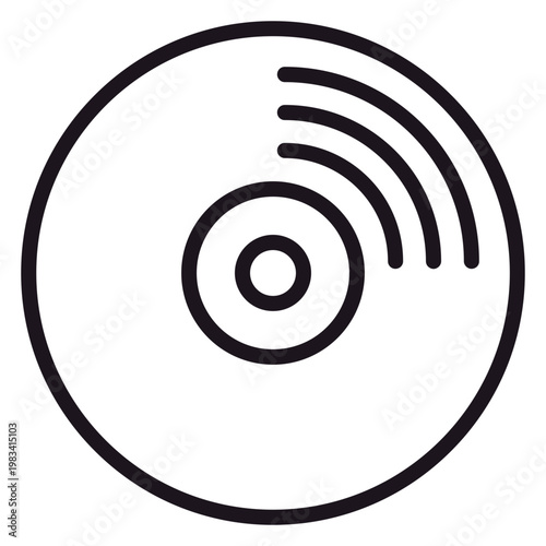 Black line art vector icon of a compact disc or vinyl record, representing digital media storage, music audio, and data technology, clean minimalist symbol for web and app design projects.