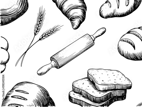 Hand-drawn bakery croissants, bread loaves, toast, wheat, and rolling pin