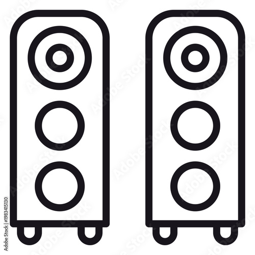 Pair of floor-standing hi-fi audio speakers vector icon. Minimalist black line art illustration of a stereo sound system for music and home entertainment. Scalable graphic symbol on white.