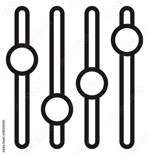 Minimalist black vector icon illustration of four vertical equalizer sliders with circular knobs at different levels, representing audio mixing, system settings, and volume control interface.