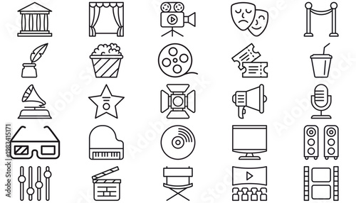 25 Minimalist Black Vector Icon Set Collection for Cinema, Music, and Entertainment. Includes Film Reel, Movie Camera, Clapperboard, Theater Stage, Popcorn, Piano, Microphone, Masks, and Media