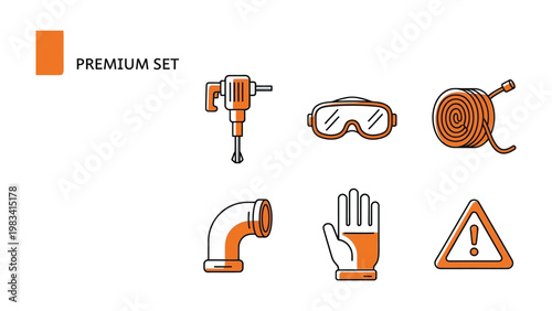 Construction Essentials: A meticulously curated illustration of essential construction tools, including a drill, safety goggles, fire hose, elbow pipe, protective glove, and warning sign.