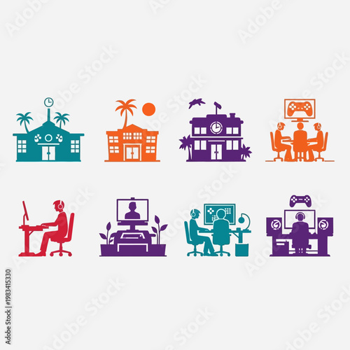 Gaming Lifestyle Icons: Buildings, People, and Technology