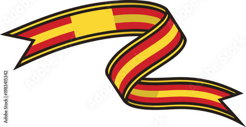 Vibrant yellow and red celebration badge with dynamic ribbon curl