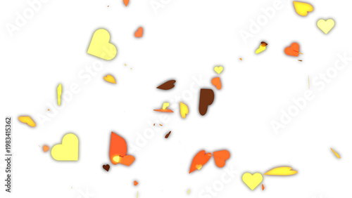 Romantic heart confetti pattern, floating yellow and orange hearts, festive love celebration background for wedding and valentines day isolated on White Background