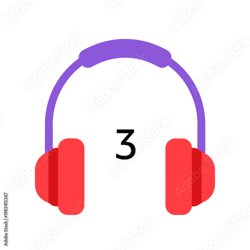 Headphones with Number 3 Icon, Music Listening, Audio Symbol