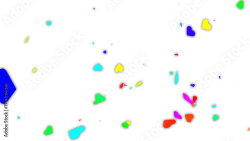 Colorful heart confetti falling, vibrant rainbow heart shapes scattered, festive love and romance celebration pattern for wedding and valentines isolated on White Background