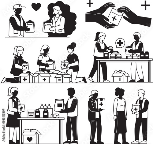 Collection of volunteer people working on charity and donation, packaging and distributing medical supplies.
