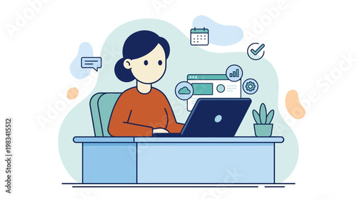 Woman works diligently on her computer at her desk in a home office setup. Suitable for workfromhome or officerelated concepts.