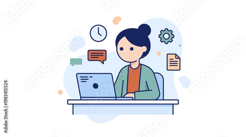 Woman at desk with laptop and icons. Perfect for digital nomad, remote work, officethemed projects, and technologyrelated designs.