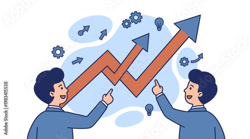 Two people pointing at a rising arrow symbolizing business growth and progress. Suitable for presentations, business blogs, and marketing materials.