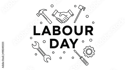 Labour Day Emblem: A symbolic illustration celebrating Labour Day, featuring essential tools and a handshake representing collaboration and honoring workers.