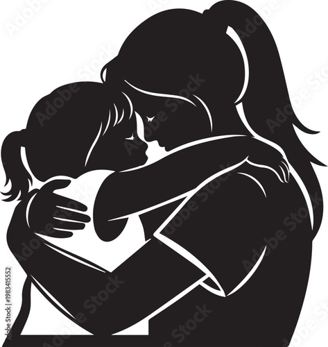 Silhouette of mother hugging her child, showing tenderness and deep emotional connection on checkered background.
