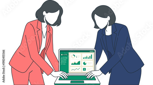Two professional women analyze data on laptop, discussing financial charts and graphs together. Suitable for business presentations or financial blogs.