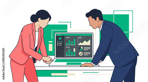 Two professionals analyzing data on a laptop in an office suitable for business presentations, reports, and financial articles.