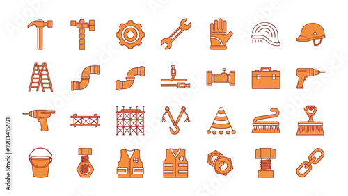 Construction Tools: A comprehensive collection of essential construction tools, meticulously arranged. Perfect for projects, illustrating tools and equipment crucial for builders and DIY enthusiasts.