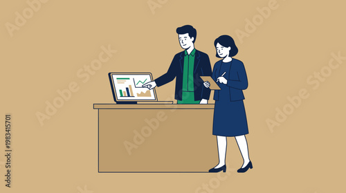 Two professionals discuss data on computer screen suitable for business presentations, financial reports, technology articles, educational materials.