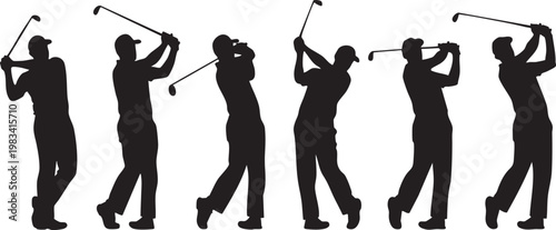 Five black silhouette golfers performing sequential full swing motions black silhouettes