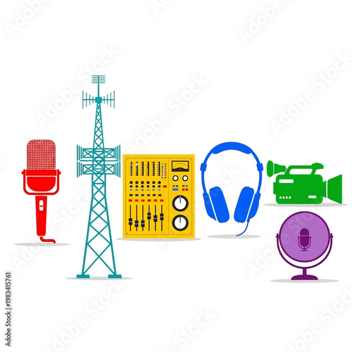 Media Production Equipment Icons: Microphone, Tower, Mixer, Headphones, Camera