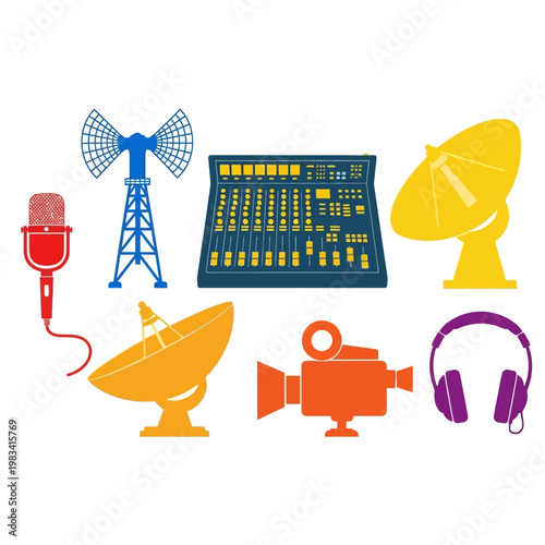Media Production Icons: Microphone, Antenna, Mixer, Camera, Satellite Dish, Headphones