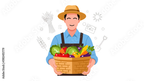Harvest Bounty: A farmer, filled with pride, presents a basket overflowing with the vibrant harvest from his field.
