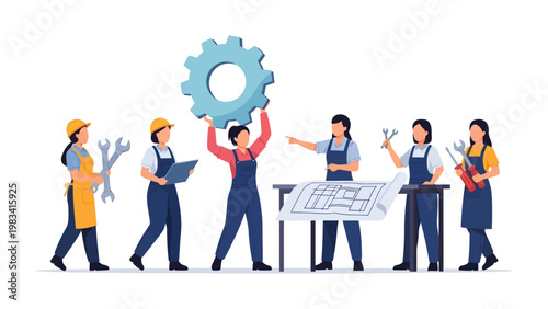 Engineering Teamwork: A determined group of female engineers collaboratively assemble a complex gear mechanism, their focused efforts embodying innovation and teamwork. 