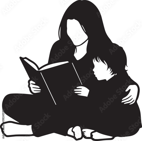 Mother reading book with child, cozy family moment, warm bond, quiet time, bedtime story, learning together, parent love, childhood.
