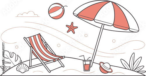 Summer beach scene with lounge chair, umbrella, beach ball, drink, hat, and seashells