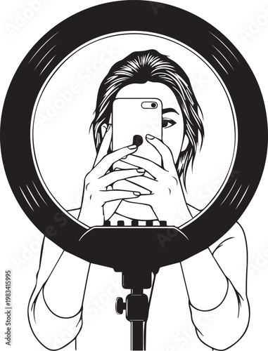 Woman taking selfie with ring light, social media, influencer, self portrait, technology, mobile phone, modern communication, online.