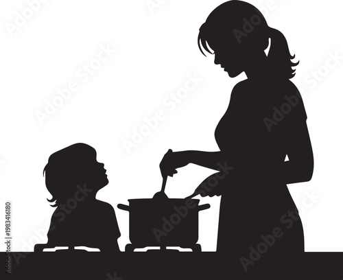 Mother and child silhouette cooking together in kitchen at stove showing family bonding time and teaching healthy eating habits.