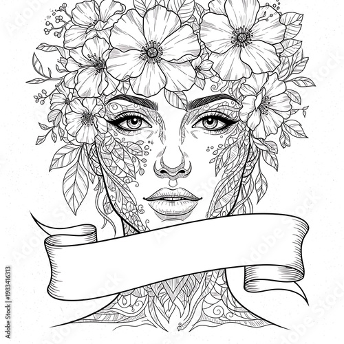 Elegant Woman with Floral Crown and Banner Coloring Page.