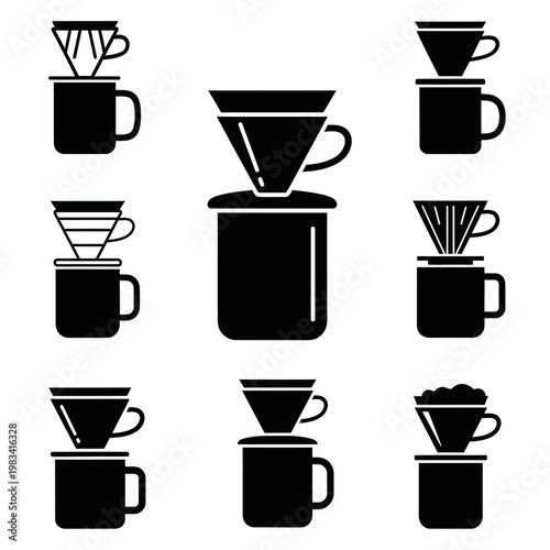 Pour Over Coffee Maker Icons Set, Drip Coffee Brewing Methods, Silhouette Collection