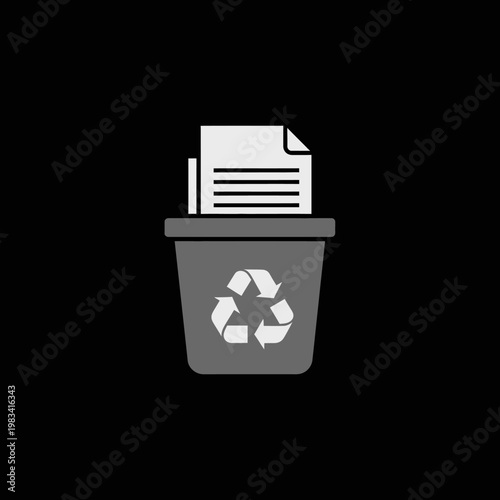 Recycling bin with documents and recycle symbol, concept of data deletion and disposal