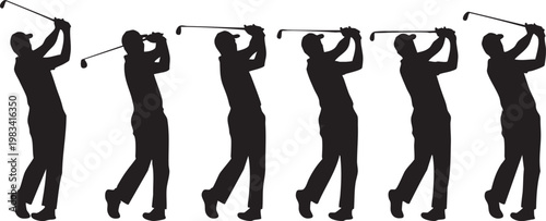 Five sequential black silhouette golfers in swing motion golf swing sequence golf player